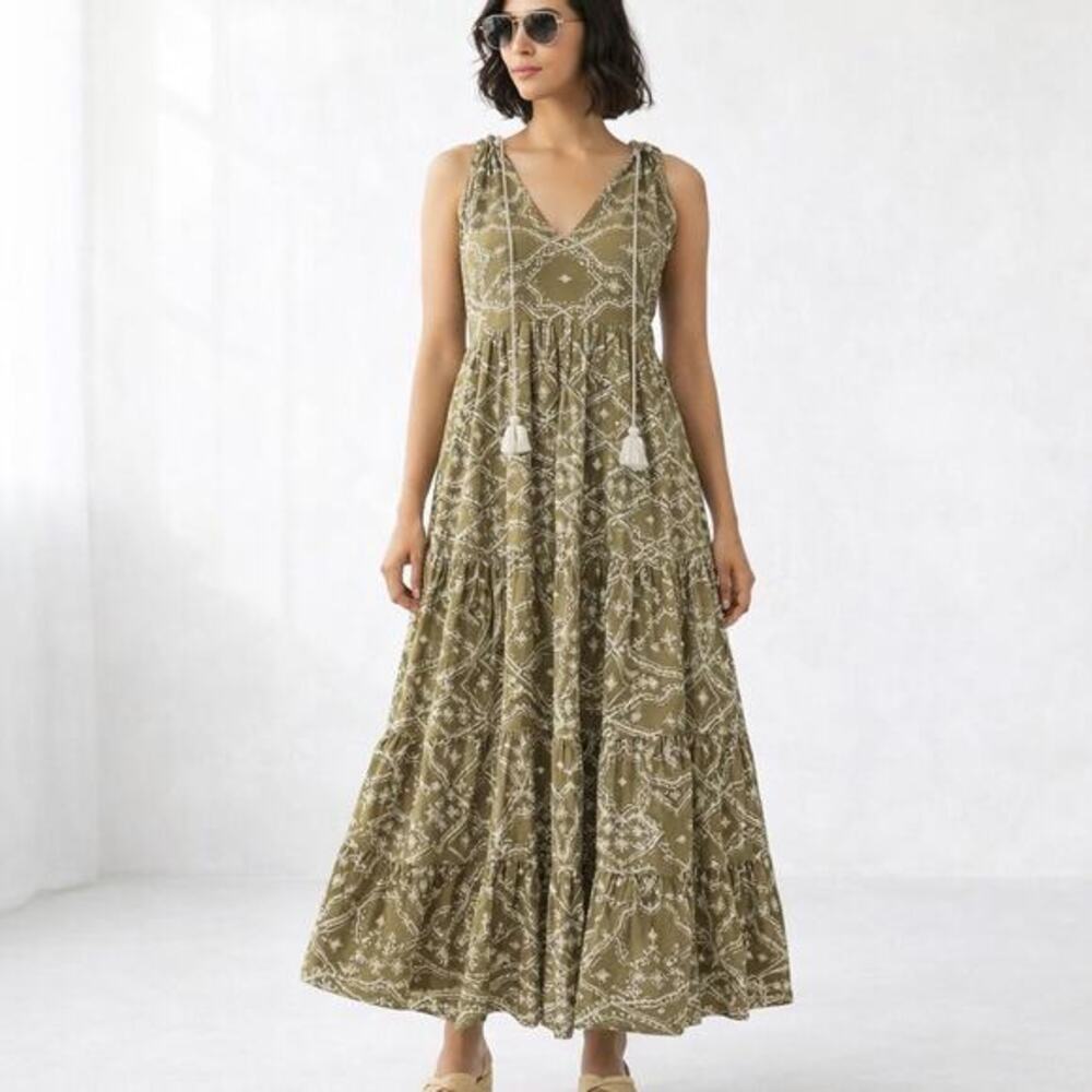 Omika Anthropologie‎ Linen Blend Maxi Dress Medium Tribal Print Green Sleeveless